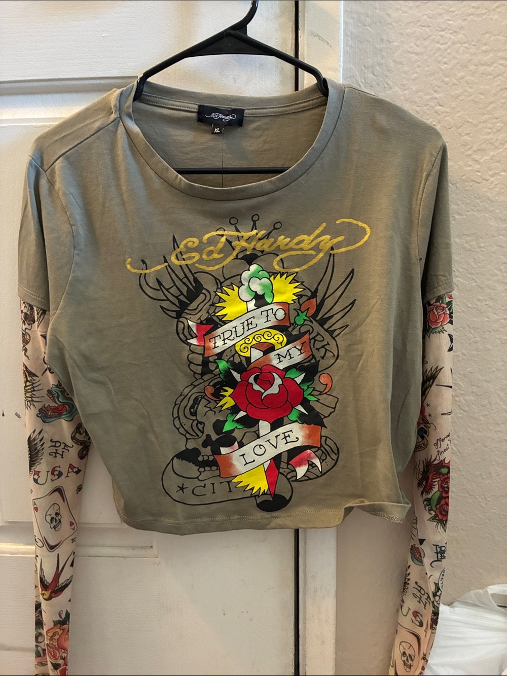 Ed Hardy Olive Green Tattoo-Print Layered Long Sleeve Top